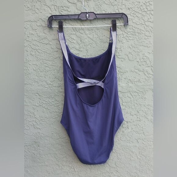 EUC NAUTICA Navy Blue & White CrissCross High Waisted One Piece Swim Suit Small - Picture 3 of 10